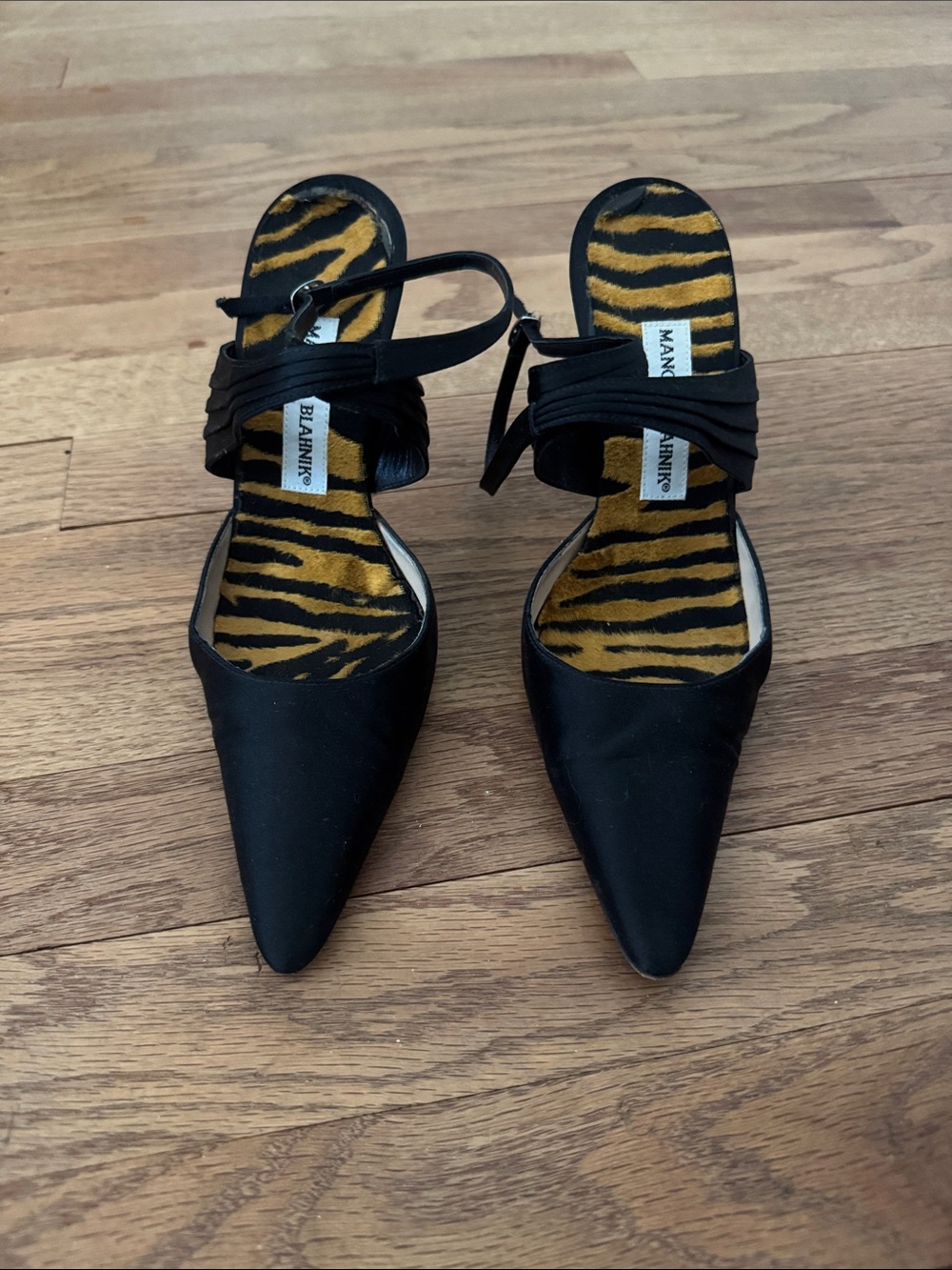 Vintage Manolo Blahnik Black Satin Pointed Crisscross Ankle Strap Pump